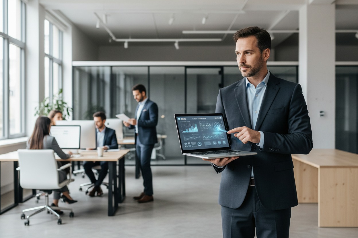 Een zakenman in een modern kantoor houdt een laptop vast met grafieken op het scherm en wijst daar naar, terwijl collega's op de achtergrond aan het werk zijn.