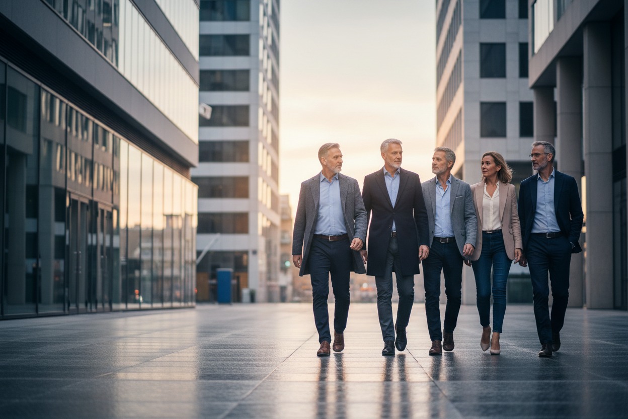 Een diverse groep van vijf zakelijke professionals loopt samen over een stadsplein tussen moderne kantoorgebouwen.