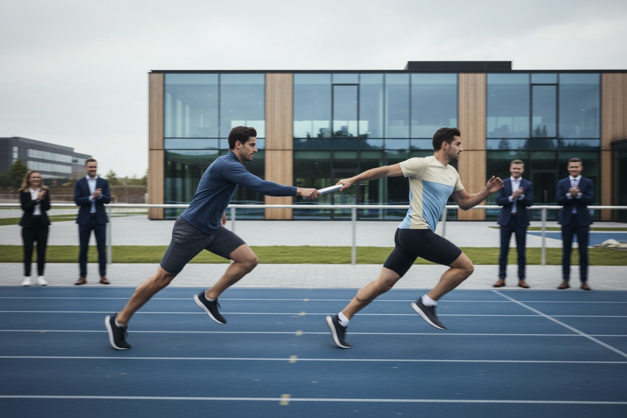 Twee hardlopers op een blauwe hardlopen baan dragen een estafettestokje over terwijl collega's in pak toekijken bij een modern kantoorpand.